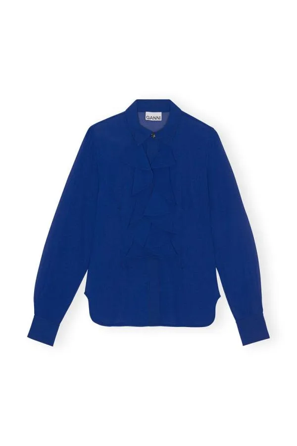 Clothing GANNI Extended Sizes Blue Chiffon Ruffle Shirt Sodalite Blue Clothing GANNI Extended Sizes Blue Chiffon Ruffle Shirt Sodalite Blue