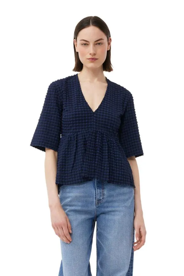 Clothing GANNI Extended Sizes Blue Stretch Seersucker Vneck Peplum Blouse Deep Cobalt