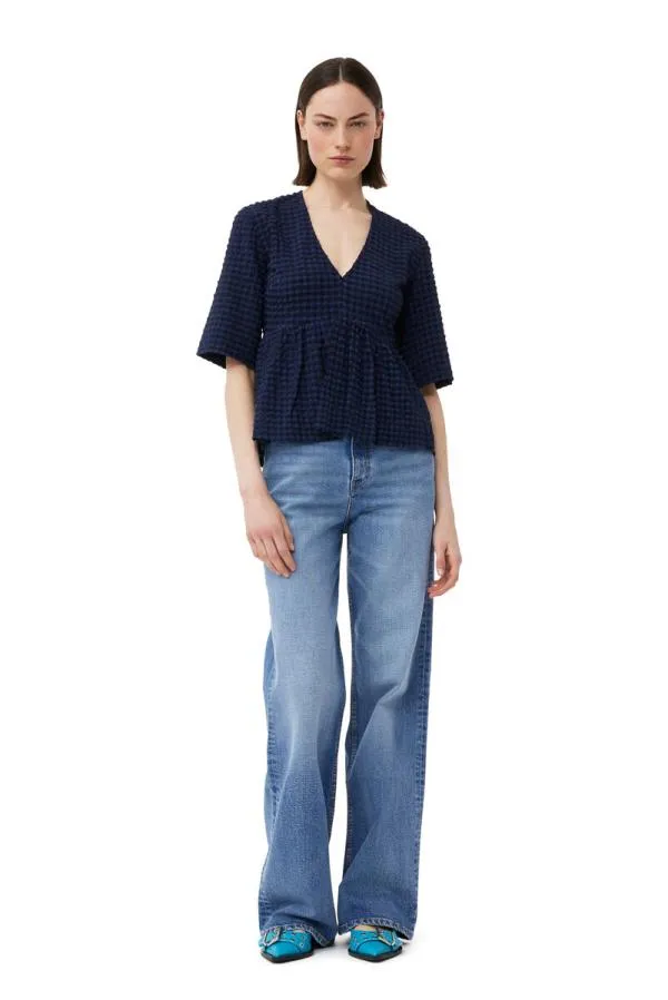Clothing GANNI Extended Sizes Blue Stretch Seersucker Vneck Peplum Blouse Deep Cobalt Clothing GANNI Extended Sizes Blue Stretch Seersucker Vneck Peplum Blouse Deep Cobalt