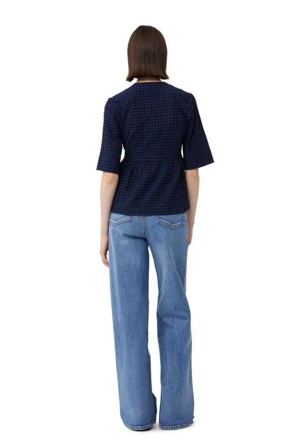 Clothing GANNI Extended Sizes Blue Stretch Seersucker Vneck Peplum Blouse Deep Cobalt Clothing GANNI Extended Sizes Blue Stretch Seersucker Vneck Peplum Blouse Deep Cobalt