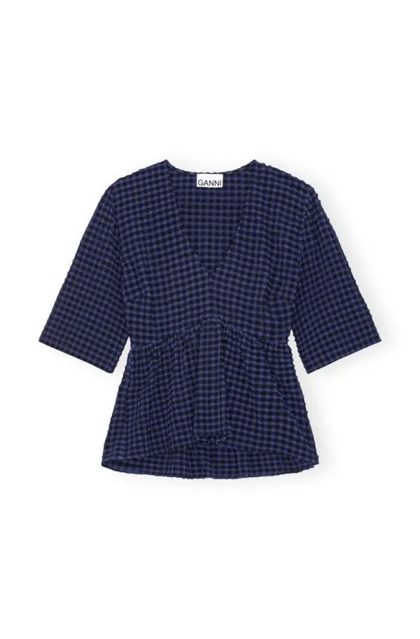 Clothing GANNI Extended Sizes Blue Stretch Seersucker Vneck Peplum Blouse Deep Cobalt Clothing GANNI Extended Sizes Blue Stretch Seersucker Vneck Peplum Blouse Deep Cobalt