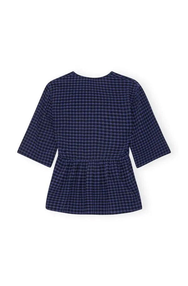 Clothing GANNI Extended Sizes Blue Stretch Seersucker Vneck Peplum Blouse Deep Cobalt Clothing GANNI Extended Sizes Blue Stretch Seersucker Vneck Peplum Blouse Deep Cobalt
