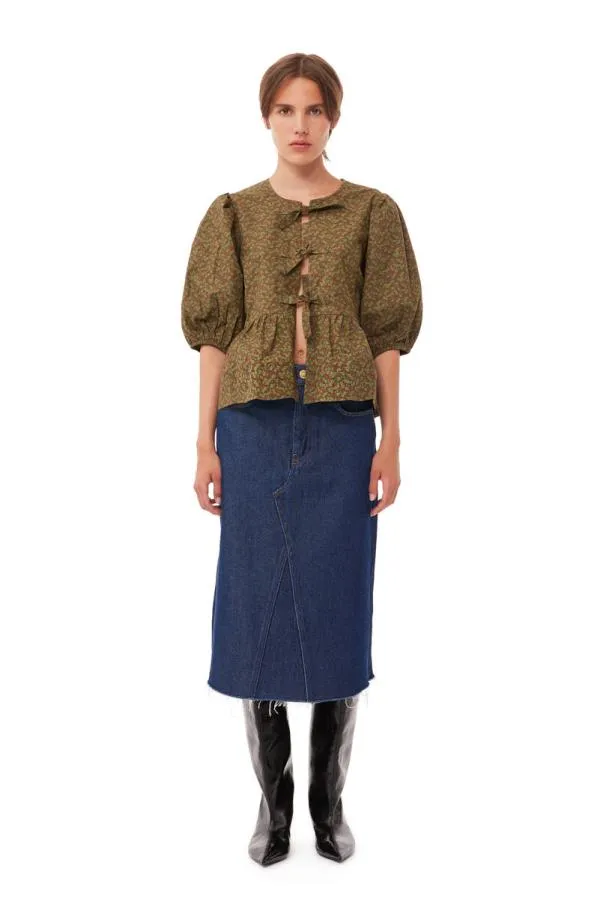 Clothing GANNI Extended Sizes Floral Cotton Poplin Blouse Avocado