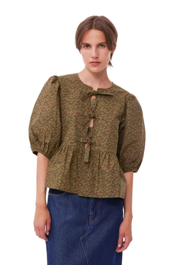 Clothing GANNI Extended Sizes Floral Cotton Poplin Blouse Avocado Clothing GANNI Extended Sizes Floral Cotton Poplin Blouse Avocado