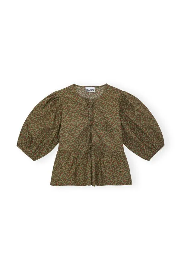 Clothing GANNI Extended Sizes Floral Cotton Poplin Blouse Avocado Clothing GANNI Extended Sizes Floral Cotton Poplin Blouse Avocado