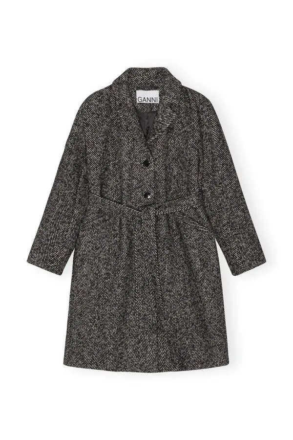 Clothing GANNI Extended Sizes Herringbone Wool Belt Coat Black Clothing GANNI Extended Sizes Herringbone Wool Belt Coat Black