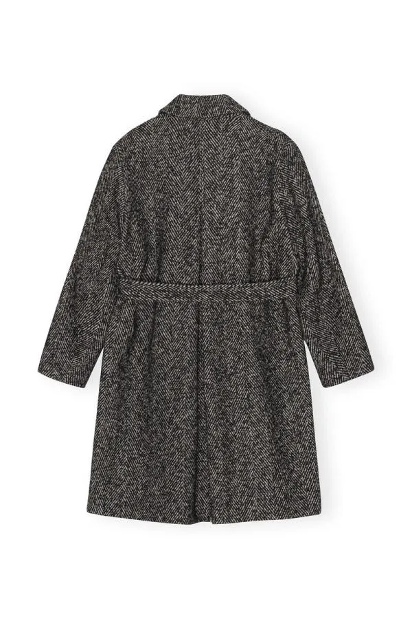 Clothing GANNI Extended Sizes Herringbone Wool Belt Coat Black Clothing GANNI Extended Sizes Herringbone Wool Belt Coat Black