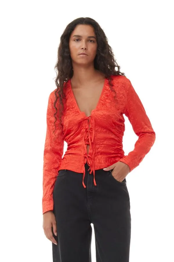 Clothing GANNI Extended Sizes Red Crinkled Satin Vneck Shirt Grenadine