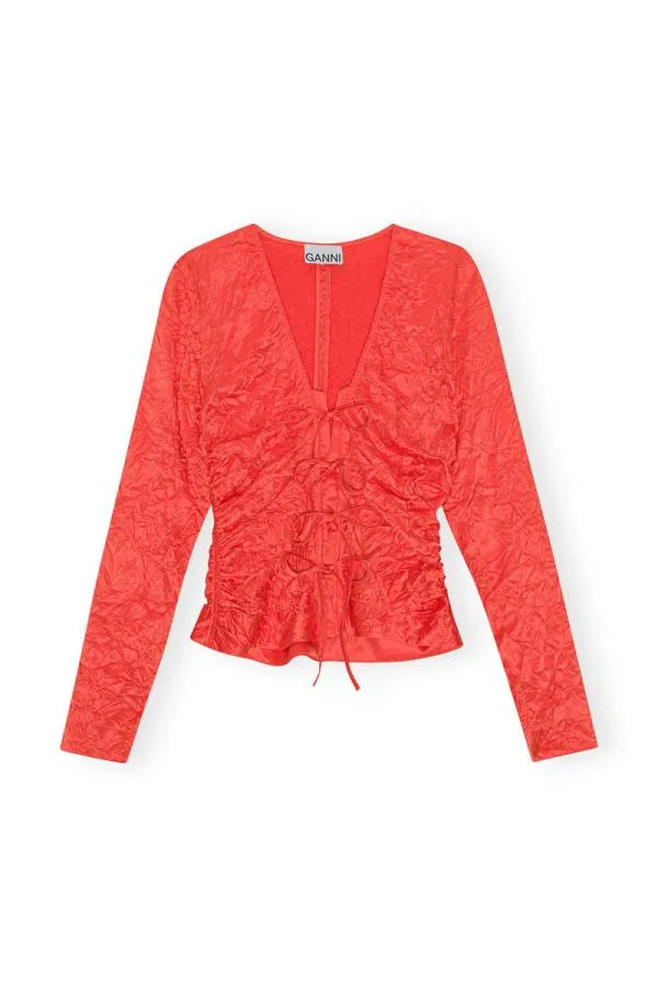 Clothing GANNI Extended Sizes Red Crinkled Satin Vneck Shirt Grenadine Clothing GANNI Extended Sizes Red Crinkled Satin Vneck Shirt Grenadine