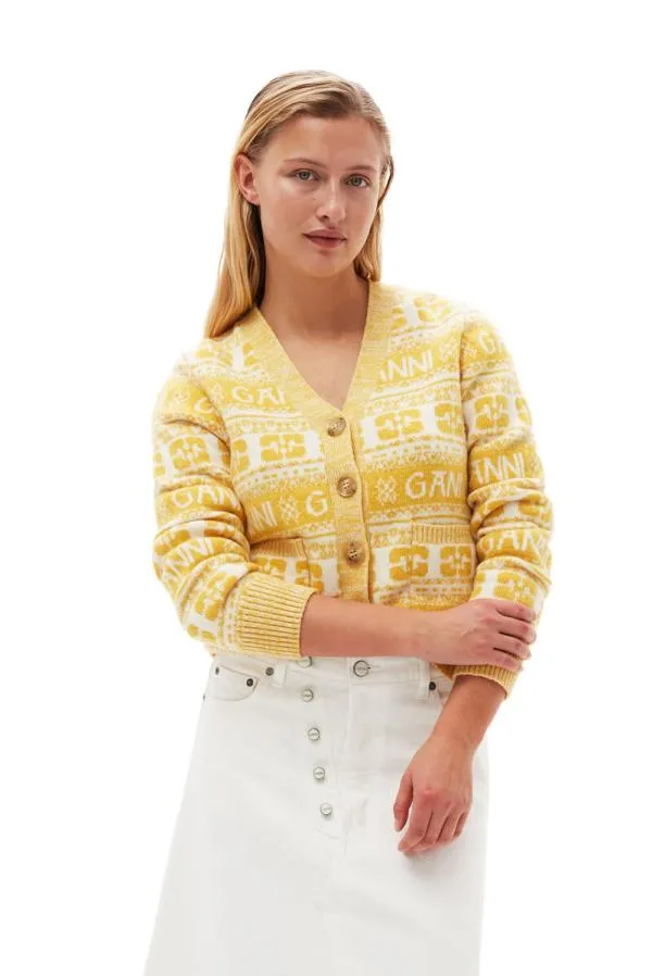 Clothing GANNI Knitwear Logo Wool Mix Cardigan Maize