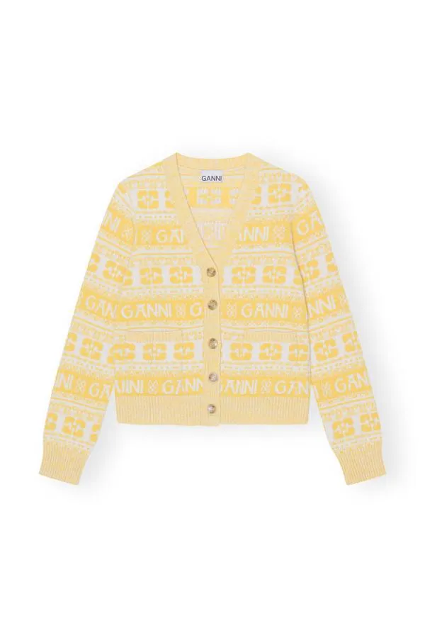 Clothing GANNI Knitwear Logo Wool Mix Cardigan Maize Clothing GANNI Knitwear Logo Wool Mix Cardigan Maize