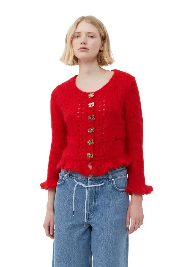 Clothing GANNI Knitwear Red Mohair Cardigan Racing Red Clothing GANNI Knitwear Red Mohair Cardigan Racing Red