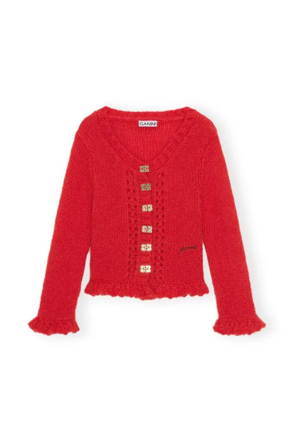 Clothing GANNI Knitwear Red Mohair Cardigan Racing Red Clothing GANNI Knitwear Red Mohair Cardigan Racing Red
