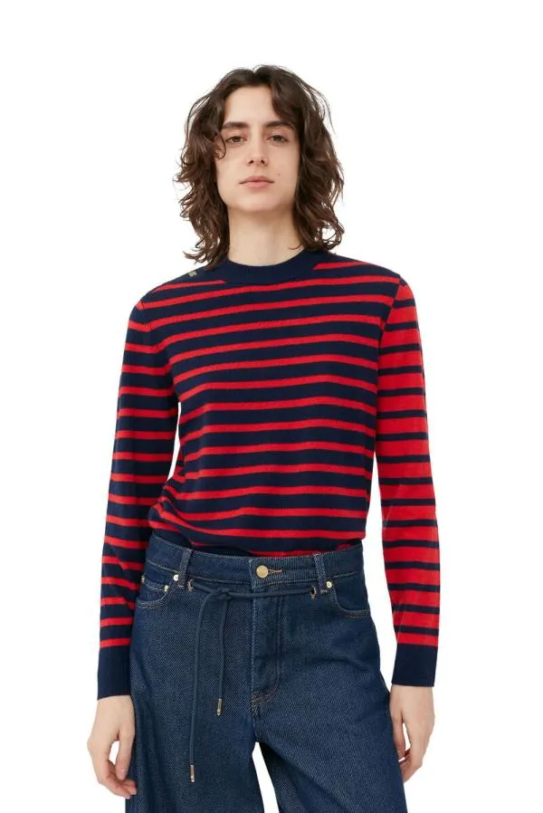 Clothing GANNI Knitwear Striped Cashmere ONeck Pullover Grenadine
