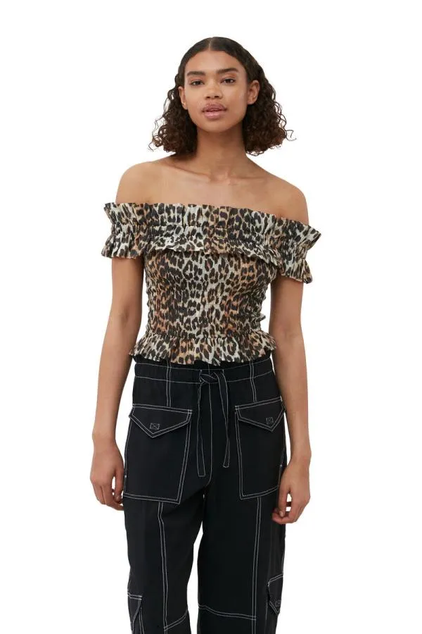 Clothing GANNI Leopard Print Sheer Voile Cropped Offshoulder Smock Top Almond Milk