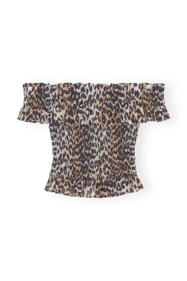 Clothing GANNI Leopard Print Sheer Voile Cropped Offshoulder Smock Top Almond Milk
