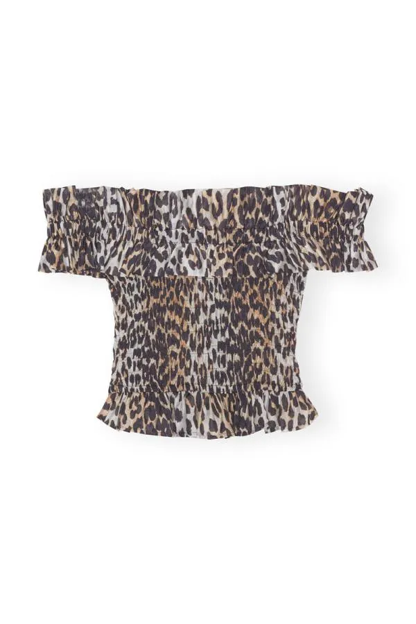 Clothing GANNI Leopard Print Sheer Voile Cropped Offshoulder Smock Top Almond Milk