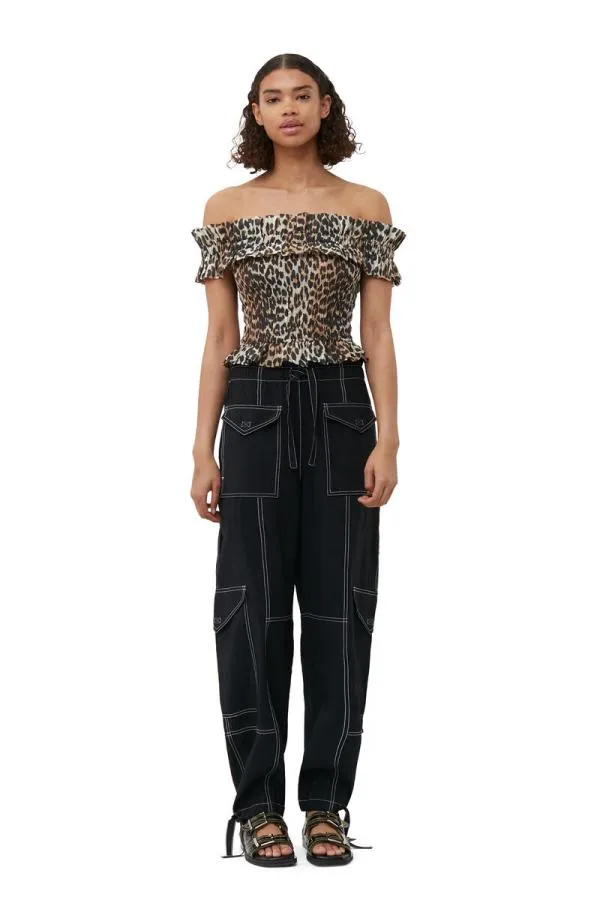 Clothing GANNI Leopard Print Sheer Voile Cropped Offshoulder Smock Top Almond Milk