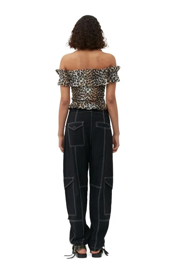 Clothing GANNI Leopard Print Sheer Voile Cropped Offshoulder Smock Top Almond Milk