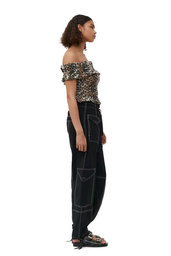 Clothing GANNI Leopard Print Sheer Voile Cropped Offshoulder Smock Top Almond Milk