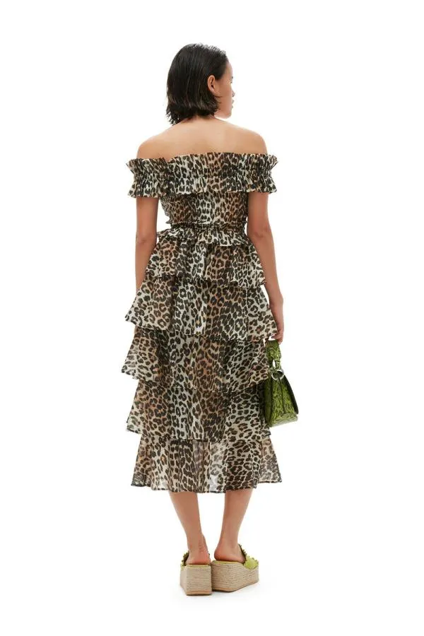 Clothing GANNI Leopard Print Sheer Voile Cropped Offshoulder Smock Top Almond Milk