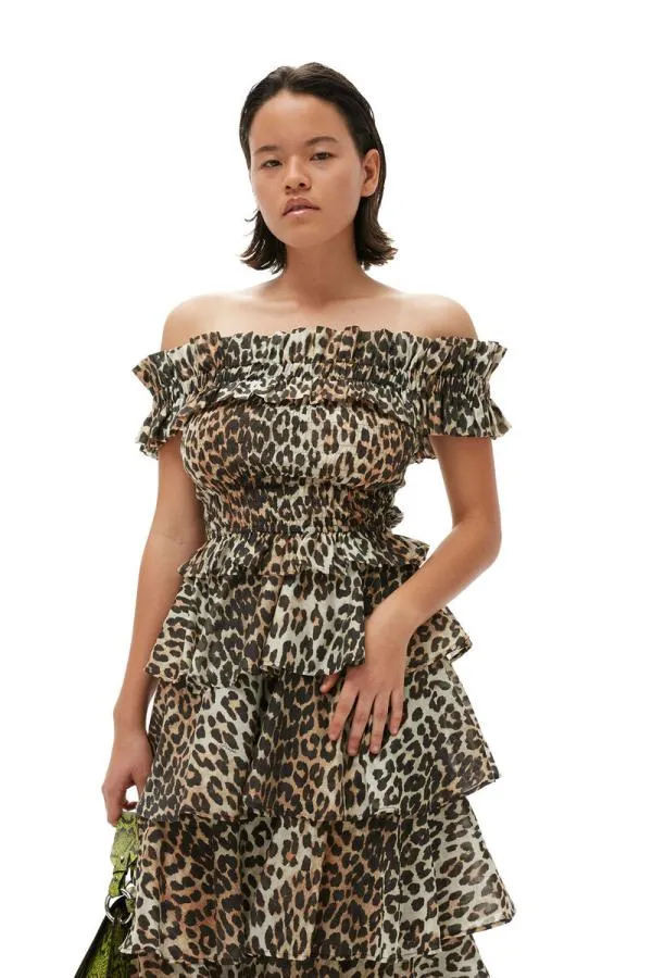 Clothing GANNI Leopard Print Sheer Voile Cropped Offshoulder Smock Top Almond Milk