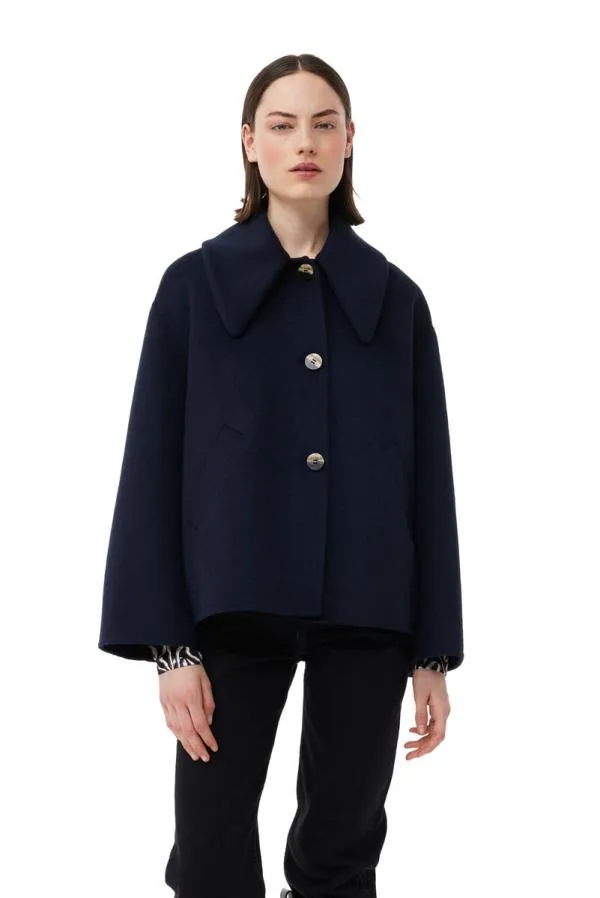 Clothing GANNI Outerwear Blue Wool Wide Collar Jacket Sky Captain