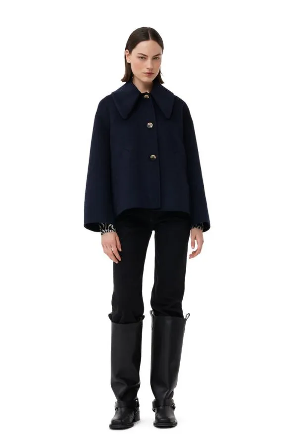 Clothing GANNI Outerwear Blue Wool Wide Collar Jacket Sky Captain Clothing GANNI Outerwear Blue Wool Wide Collar Jacket Sky Captain