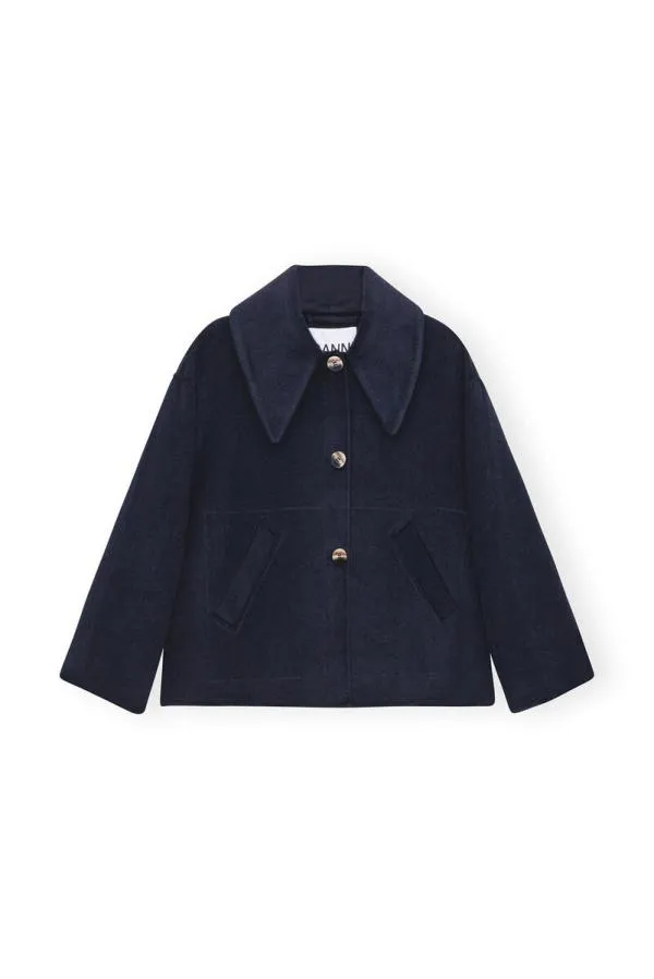 Clothing GANNI Outerwear Blue Wool Wide Collar Jacket Sky Captain Clothing GANNI Outerwear Blue Wool Wide Collar Jacket Sky Captain