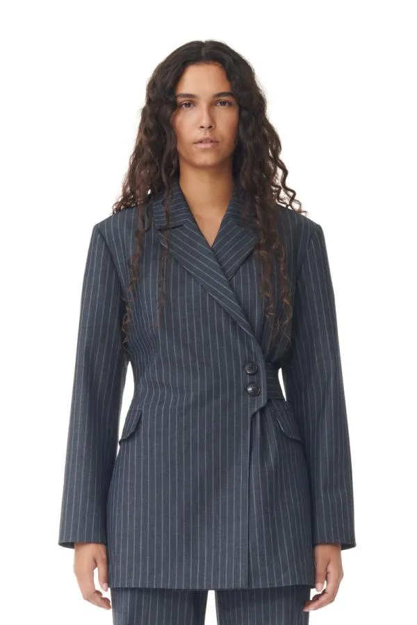 Clothing GANNI Suiting Stretch Striped Belt Blazer Gray Pinstripe