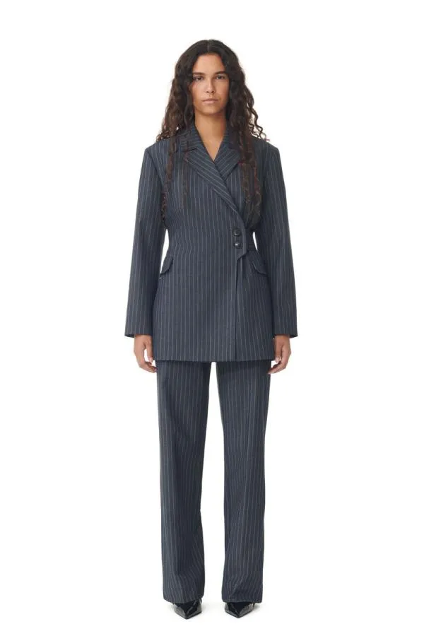 Clothing GANNI Suiting Stretch Striped Belt Blazer Gray Pinstripe Clothing GANNI Suiting Stretch Striped Belt Blazer Gray Pinstripe