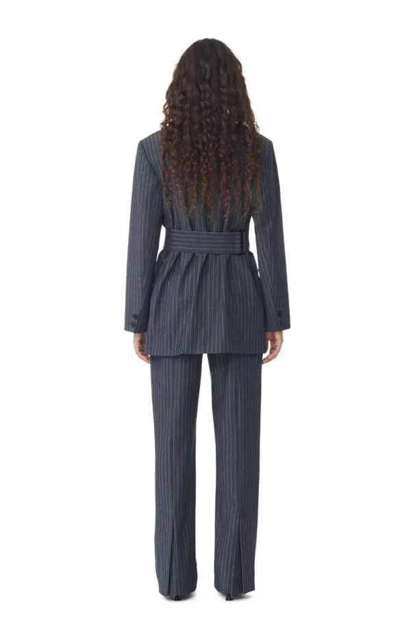 Clothing GANNI Suiting Stretch Striped Belt Blazer Gray Pinstripe Clothing GANNI Suiting Stretch Striped Belt Blazer Gray Pinstripe