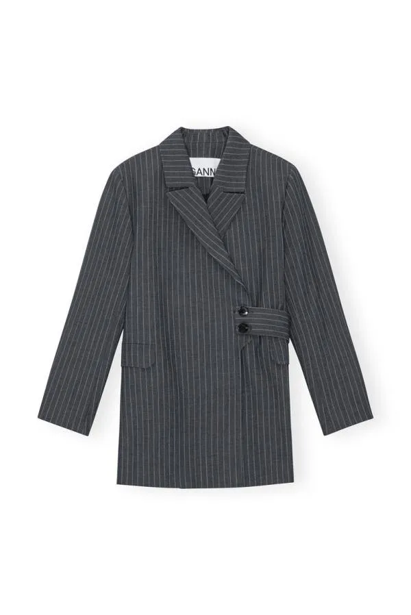 Clothing GANNI Suiting Stretch Striped Belt Blazer Gray Pinstripe Clothing GANNI Suiting Stretch Striped Belt Blazer Gray Pinstripe