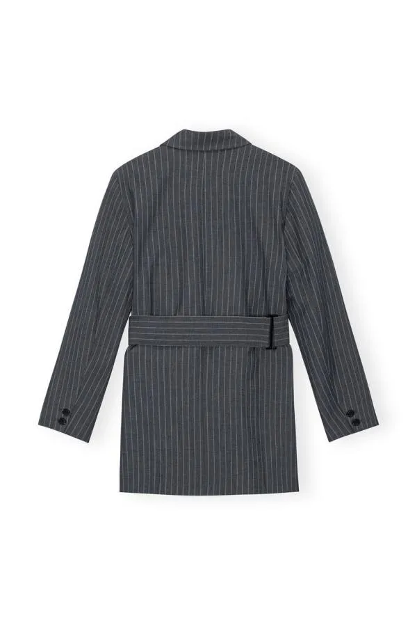 Clothing GANNI Suiting Stretch Striped Belt Blazer Gray Pinstripe Clothing GANNI Suiting Stretch Striped Belt Blazer Gray Pinstripe