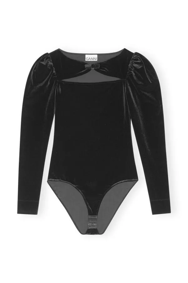 Clothing GANNI Tops Black Velvet Jersey Bodystocking Black Clothing GANNI Tops Black Velvet Jersey Bodystocking Black