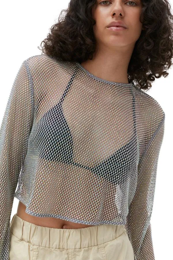 Clothing GANNI Tops Embellished Mesh Blouse Silver