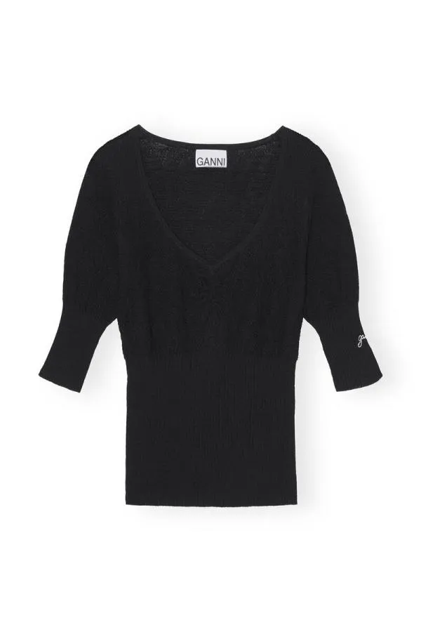 Clothing GANNI Tops Merino Lace Oneck Black