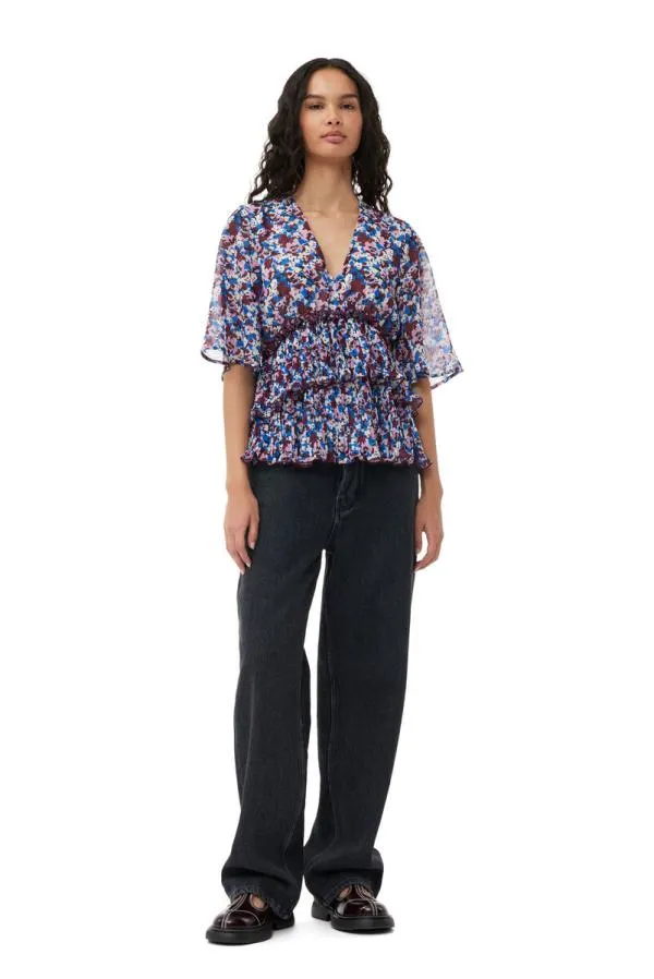 Clothing GANNI Tops Multicolour Pleated Georgette Vneck Flounce Blouse Multicolour Clothing GANNI Tops Multicolour Pleated Georgette Vneck Flounce Blouse Multicolour