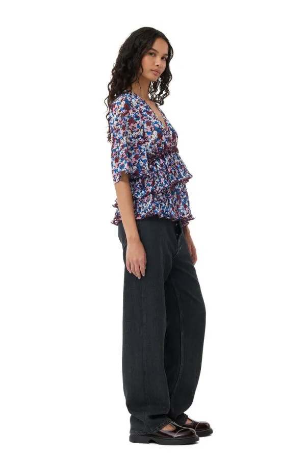 Clothing GANNI Tops Multicolour Pleated Georgette Vneck Flounce Blouse Multicolour Clothing GANNI Tops Multicolour Pleated Georgette Vneck Flounce Blouse Multicolour