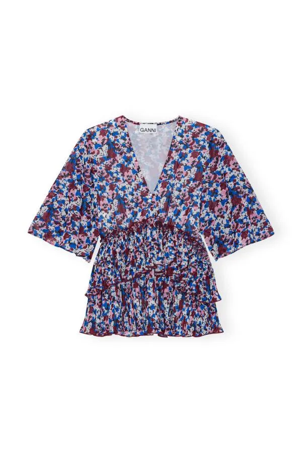 Clothing GANNI Tops Multicolour Pleated Georgette Vneck Flounce Blouse Multicolour Clothing GANNI Tops Multicolour Pleated Georgette Vneck Flounce Blouse Multicolour