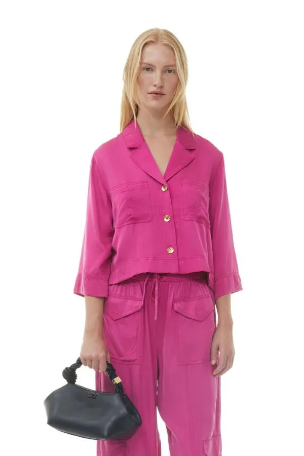 Clothing GANNI Tops Pink Washed Satin Crop Shirt Fuchsia Red