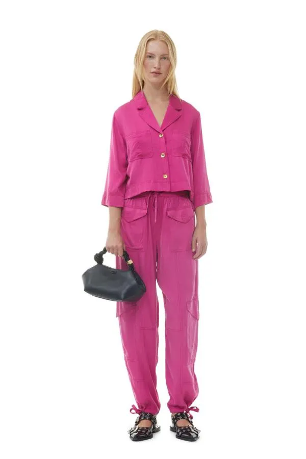 Clothing GANNI Tops Pink Washed Satin Crop Shirt Fuchsia Red Clothing GANNI Tops Pink Washed Satin Crop Shirt Fuchsia Red