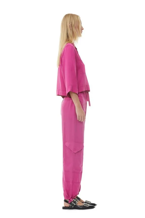 Clothing GANNI Tops Pink Washed Satin Crop Shirt Fuchsia Red Clothing GANNI Tops Pink Washed Satin Crop Shirt Fuchsia Red