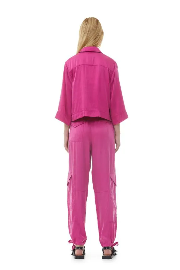 Clothing GANNI Tops Pink Washed Satin Crop Shirt Fuchsia Red Clothing GANNI Tops Pink Washed Satin Crop Shirt Fuchsia Red