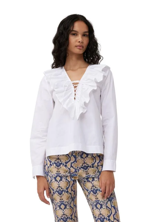 Clothing GANNI Tops White Cotton Poplin Ruffle Vneck Blouse Bright White