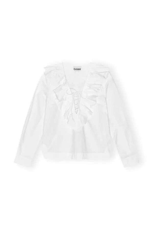 Clothing GANNI Tops White Cotton Poplin Ruffle Vneck Blouse Bright White Clothing GANNI Tops White Cotton Poplin Ruffle Vneck Blouse Bright White
