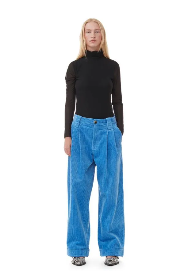 Clothing GANNI Trousers Blue Corduroy Loose Pleat Trousers Silver Lake Blue