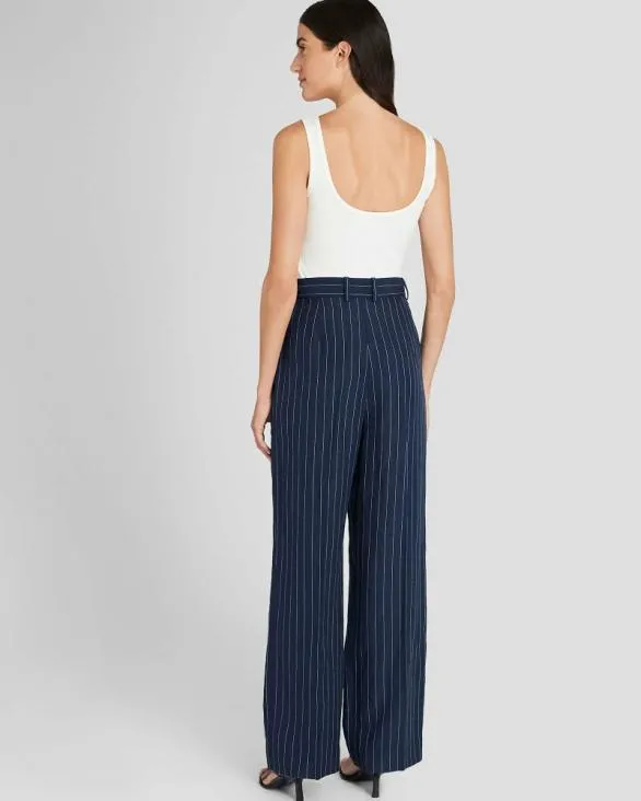 Club Monaco Pants Pinstripe Pleated Linen Blend Trouser Navy 8211 Women