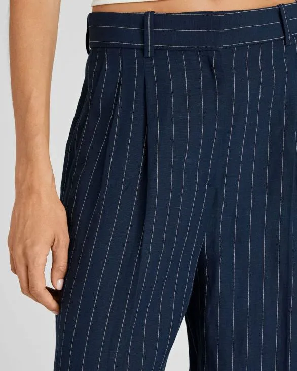 Club Monaco Pants Pinstripe Pleated Linen Blend Trouser Navy 8211 Women