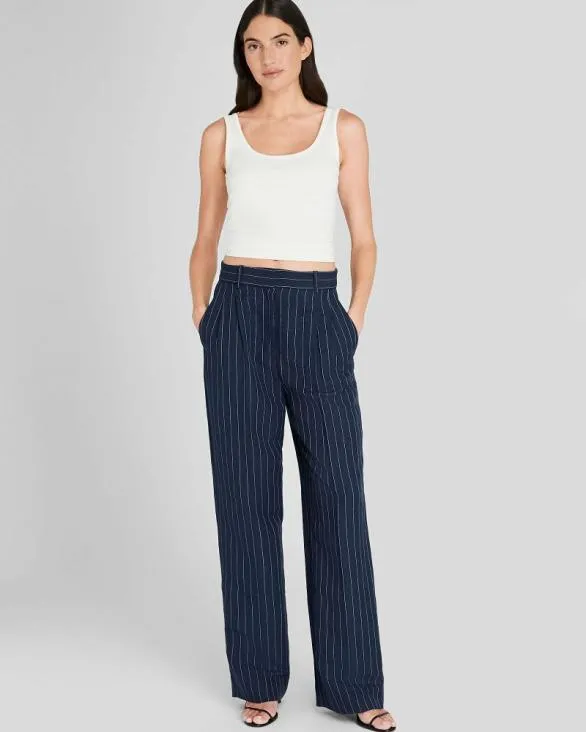 Club Monaco Pants Pinstripe Pleated Linen Blend Trouser Navy 8211 Women